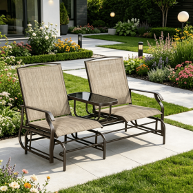 Brown Metal Frame Outdoor Glider Bench with Center Table Breathable Mesh Fabric Patio Loveseat for Backyard Garden Porch with Armrests