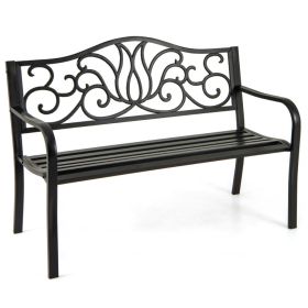 50 Inches Outdoor Garden Bench with Floral Design Backrest and Slatted Seat